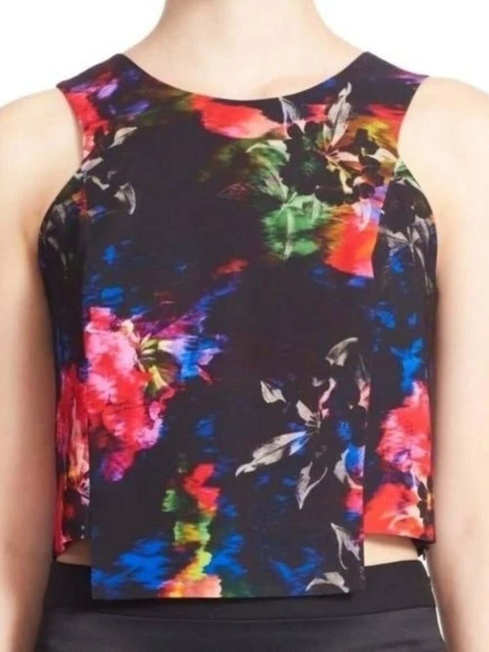 Milly Black, Pink & Blue Floral Side Cut-Out Sleeveless Crop Top- Size 2